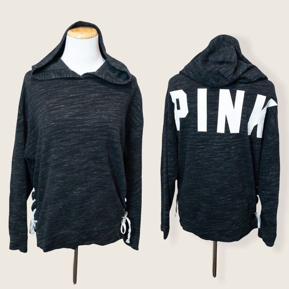 PINK Victoria's Secret Charcoal Grey Lace Up Side Hoodie - Size XSmall - Picture 1 of 10